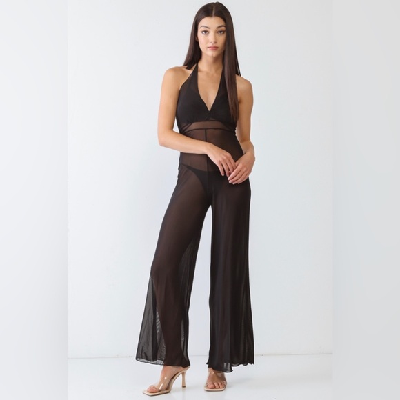 New Trendy Black V-Neck Sleeveless Wide Leg Sheer Jumpsuit Cover Up Swimwear - Picture 3 of 6